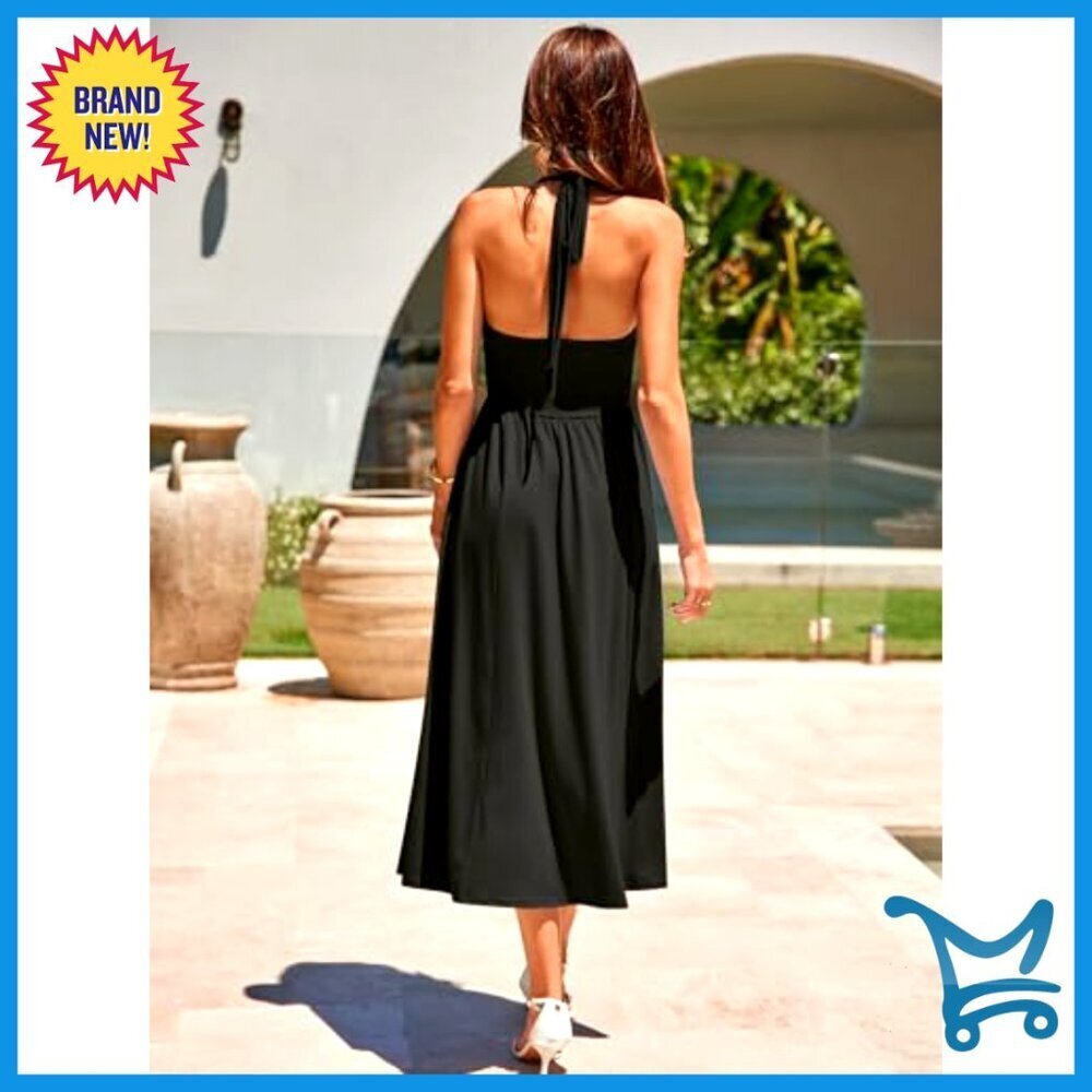 Halter Midi Dress Ruched Backless Flowy A-Line Summer Beach Wedding Guest - Picture 5 of 6